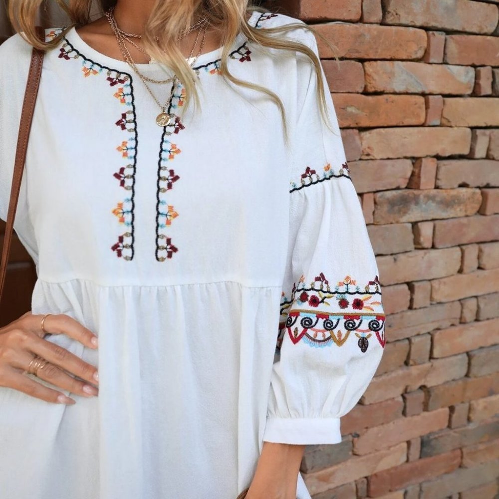 Boho Embroidery Lantern Sleeve Smock Dress - Picture 4 of 5